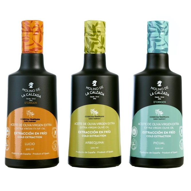 Imagen Producto Caja Pack Bell Molino de la Calzada Aceite de Oliva Virgen Extra 3 variedades Campaña 2024/25 Molino de la Calzada Arbequina, Picual y Lucio